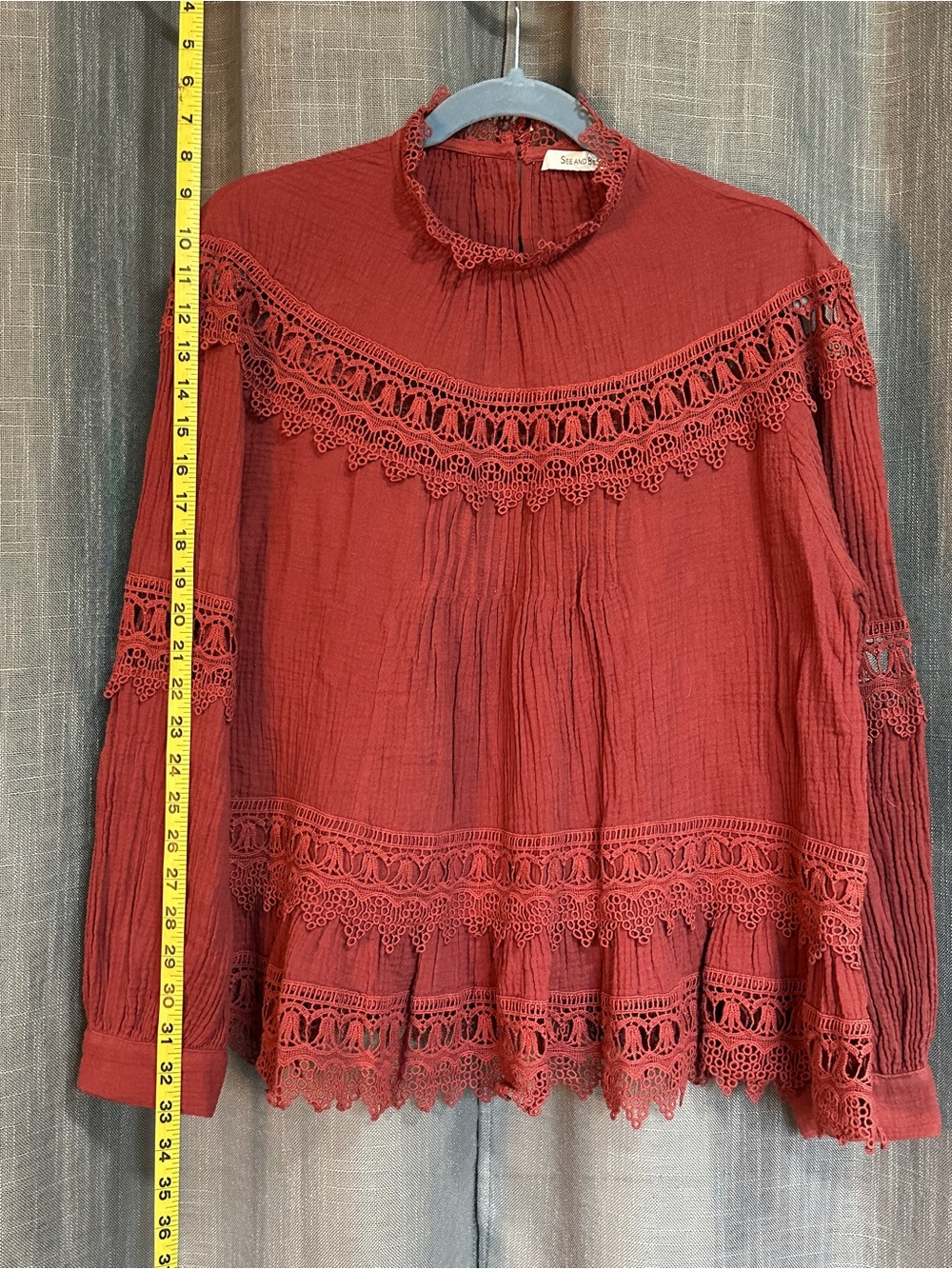 Crochet-Trim Long Sleeve Blouse in dark pink